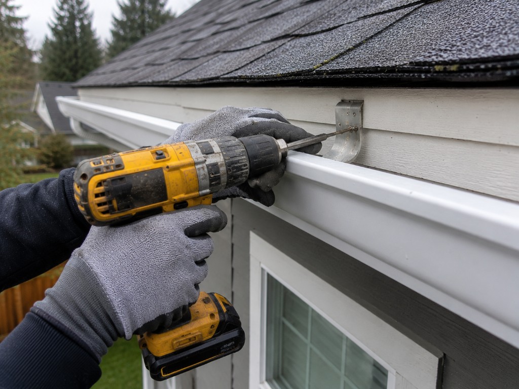 Technician drilling a hidden hanger to secure a white gutter along the fascia
